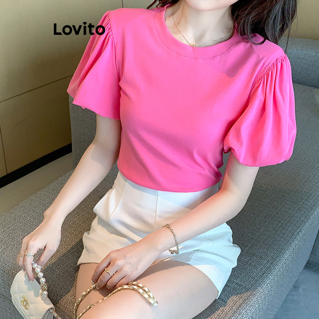 Áo thun Lovito tay phồng màu trơn phong cách thường ngày cho nữ LNL43161