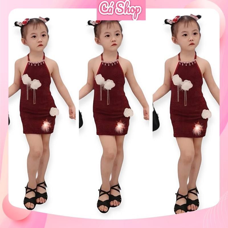 Váy đầm bé gái CS650, váy lông đỏ cổ yếm gắn hoa lông cho bé