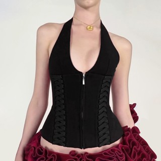  Kliou Áo Vest Cổ Dây Chắc Chắn Không Đều Sâu V Chắp Vá Lưng Dây Kéo Đơn Giản Gợi Cảm 2025 Thời Trang Mới Nữ Ống Áo 