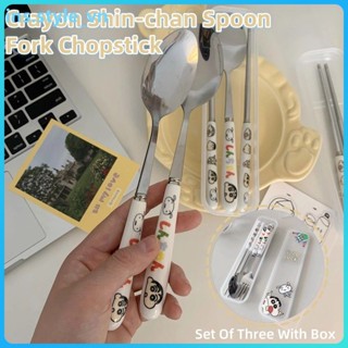 Bộ thìa nĩa đũa bằng thép không gỉ Crayon Shin-chan dành cho học sinh, bộ ba đồ dùng bằng gốm có hộp ins.style_vn