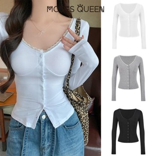 < MOESSQUEEN > Áo len dệt kim dài tay cổ chữ V Hot Girl kiểu Mỹ mùa thu Slim Ngắn mặc bên trong Tính khí Áo sơ mi đáy màu đen #62831
