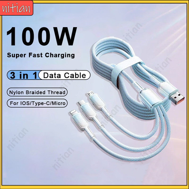 Cáp dữ liệu sạc siêu nhanh 100W Nylon bện USB sang IOS / Type C / Micro 3 trong 1 Dây sạc ô tô cho I