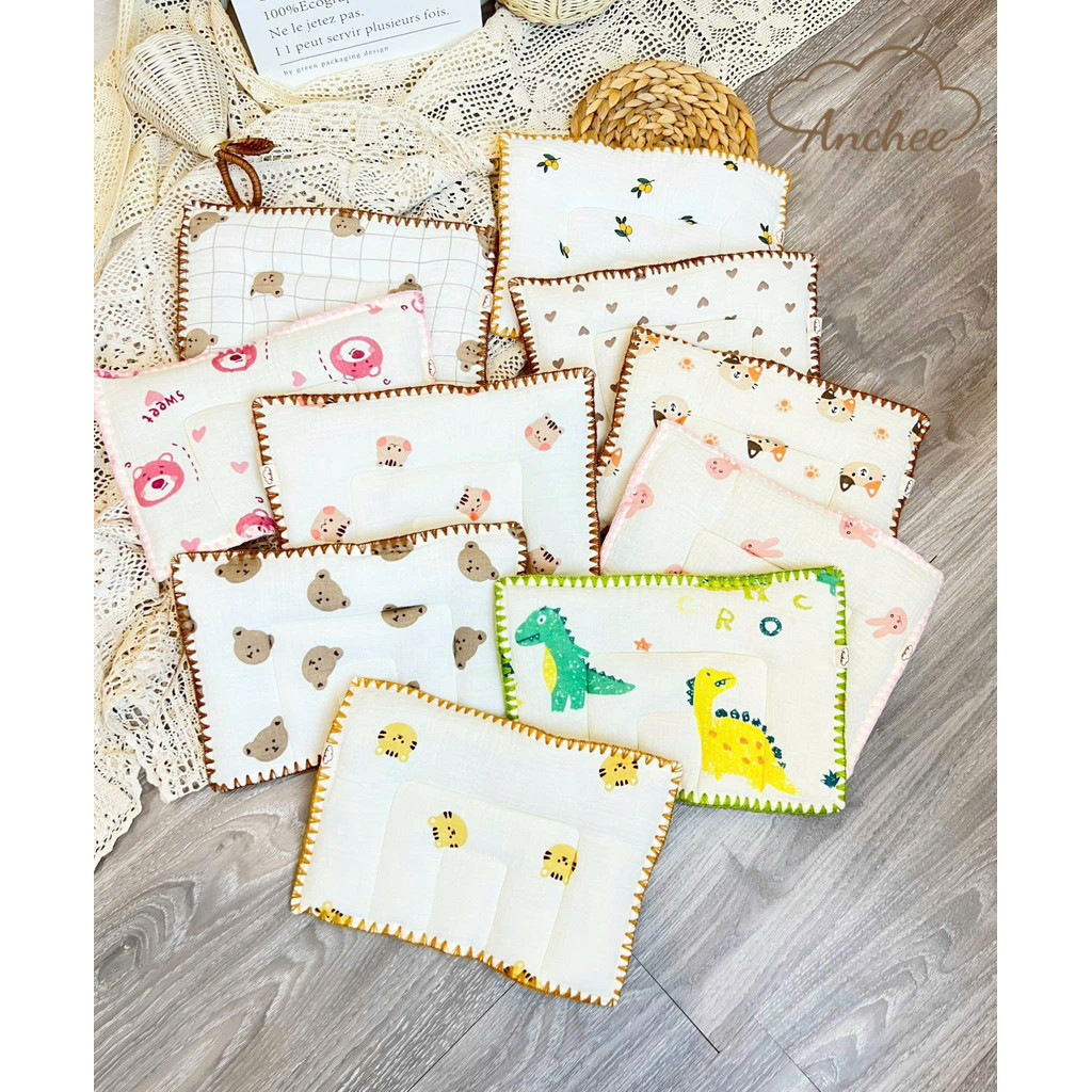 Anchee - Gối xô Muslin sợi tre cao cấp, gối bông mỏng cho bé trai bé gái sơ sinh thấm hút mồ hôi mềm
