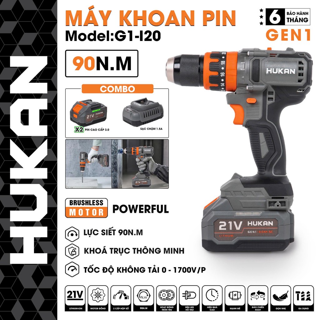 Máy khoan HUKAN HM21-G1-I20 - Lực Siết 90Nm, Khoan 3 chức năng Không Chổi Than- Bản cải tiến