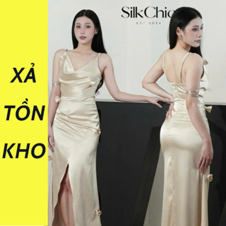  Đầm Lụa Hai Dây Dáng Dài Xẻ Tà Kèm Hoa Lụa SC745 Sang Chảnh Quyến Rũ Váy Lụa Xẻ Tà Đi Tiệc Dạ Hội 