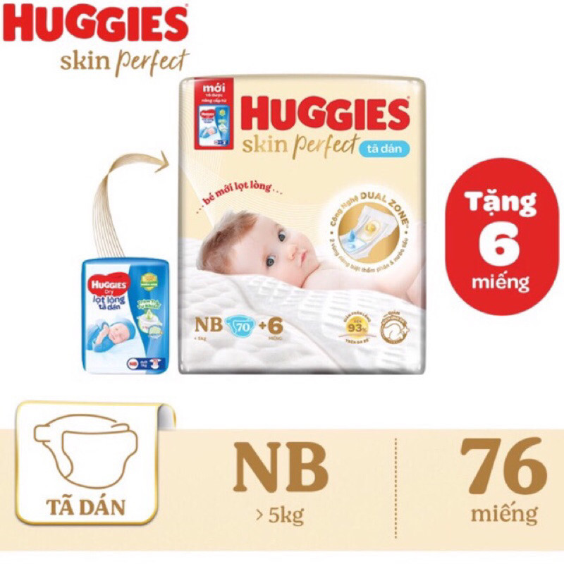 Tã dán sơ sinh Huggies Skin Perfect NB70 tặng 6 cho bé dưới 5kg