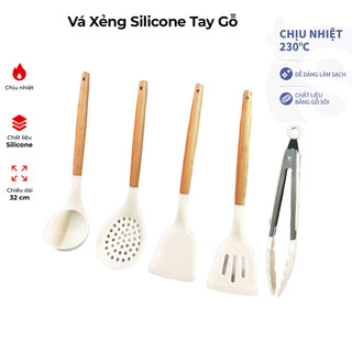 Bộ Dụng Cụ Nấu Ăn Bằng Silicone Cán Gỗ Kitchen Set Cao Cấp - Chất Liệu An Toàn Tuyệt Đối - Chịu Nhiệt Chống Dính -L.H