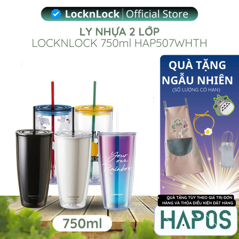 Ly nhựa 2 lớp LocknLock 750ml Chính hãng, Kèm ống hút, cọ rửa, miệng rộng, cách nhiệt 1 phần HAP507 - Hapos Mall