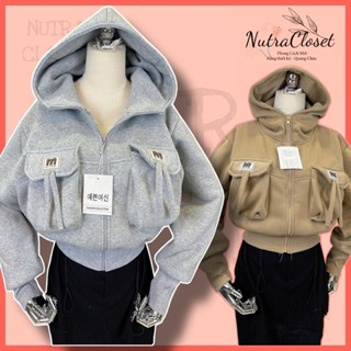 Áo khoác lửng croptop nỉ dệt xk dày túi nắp thêu M có nón cho nữ