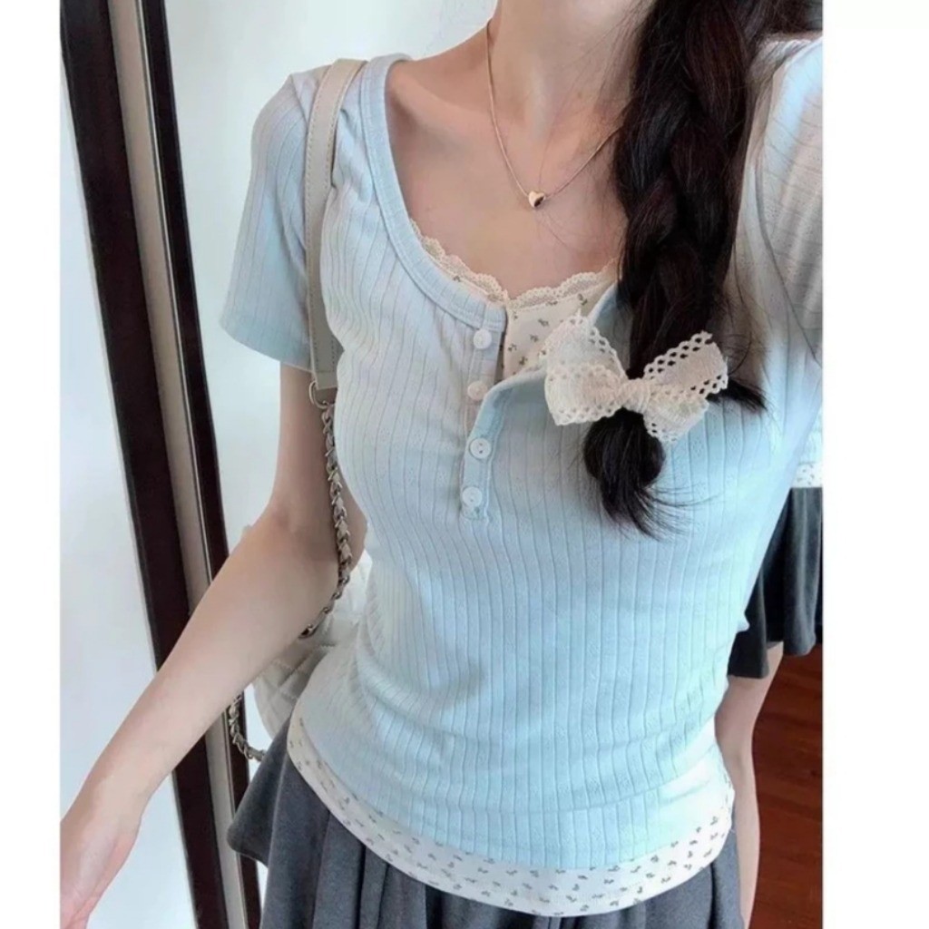 Meet-Adm Bộ Áo Thun + Chân Váy Nữ Bộ Đồ Hai Mảnh Viền Ren Thời Trang Mùa Hè Mới | BigBuy360 - bigbuy360.vn