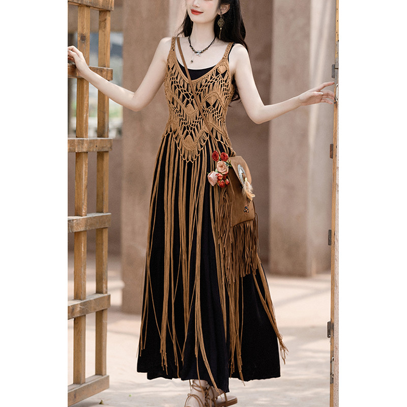 Bohemian rỗng dệt lớp áo vest Áo đeo chéo nữ Thời trang mùa hè Du lịch kỳ nghỉ Bohemian rỗng dệt tua