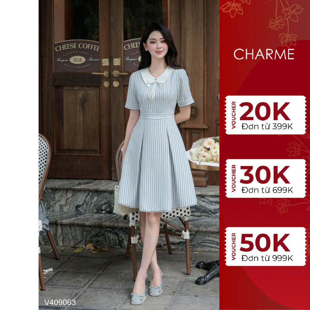 Váy Nữ Cộc Tay Cổ Nơ Dáng Xòe Nữ Tính CHARME 409063 - Thiết Kế Thanh Lịch