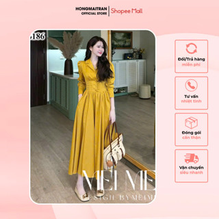  Đầm Nữ Dáng Dài Xòe Tay Bồng Cổ Vest Màu Vàng Sang Trọng Hong Mai Tran Store V16186 