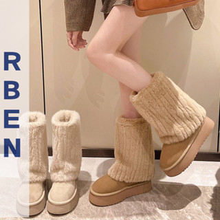 RENBEN Giày bốt tuyết lông Milky dành cho nữ mùa đông mới đế dày nâng cao ống cao cộng với nhung dày giày cotton lớn