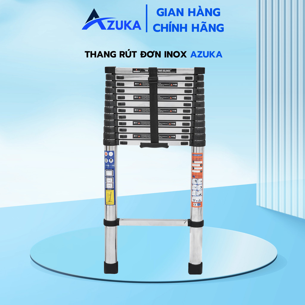 Thang NHÔM INOX Rút đơn AZUKA Từ (2.6M - 5.8M) Nhập Khẩu Cao Cấp, ống thang dày dặn chắc chắn