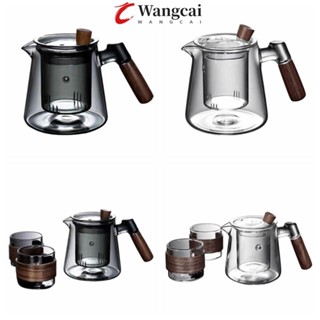 Ấm trà thủy tinh WANGMCAI, Bộ trà Kung Fu dung tích lớn trong suốt, Tách nước trà dày có tay cầm bằng gỗ Nồi trà sáng tạo có ống hút gia đình