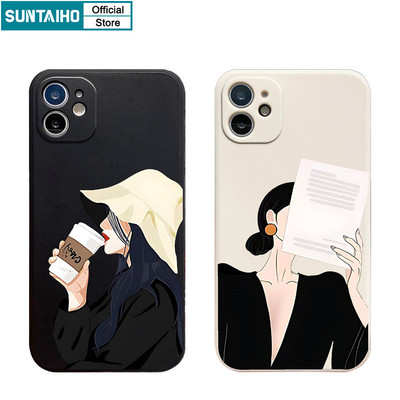 Suntaiho Thẩm Mỹ Vỏ Cà Phê Họa Tiết Nữ Ốp lưng Iphone 15 14 13 12 11 Pro Max IP 7 8 Plus Iphon X Xs XR Xs Max Silicon Mềm Cao Cấp Chống Sốc Ốp Lưng