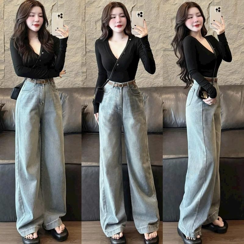 Quần jean bò ống rộng suông nữ cạp cao phong cách Hàn Quốc tôn dáng form unisex