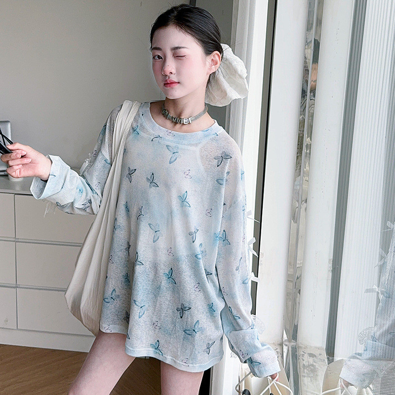 NANA CHAN - Áo thun bé gái size đại 120-170, áo thun cho bé xanh mỏng dài tay phối ren nơ nhỏ OG107