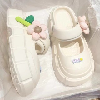 Dép búp bê nữ gắn charm hoa vải 3D xinh xắn phong cách Hàn Quốc-Dép sandal quai hậu nữ đi học đi chơi