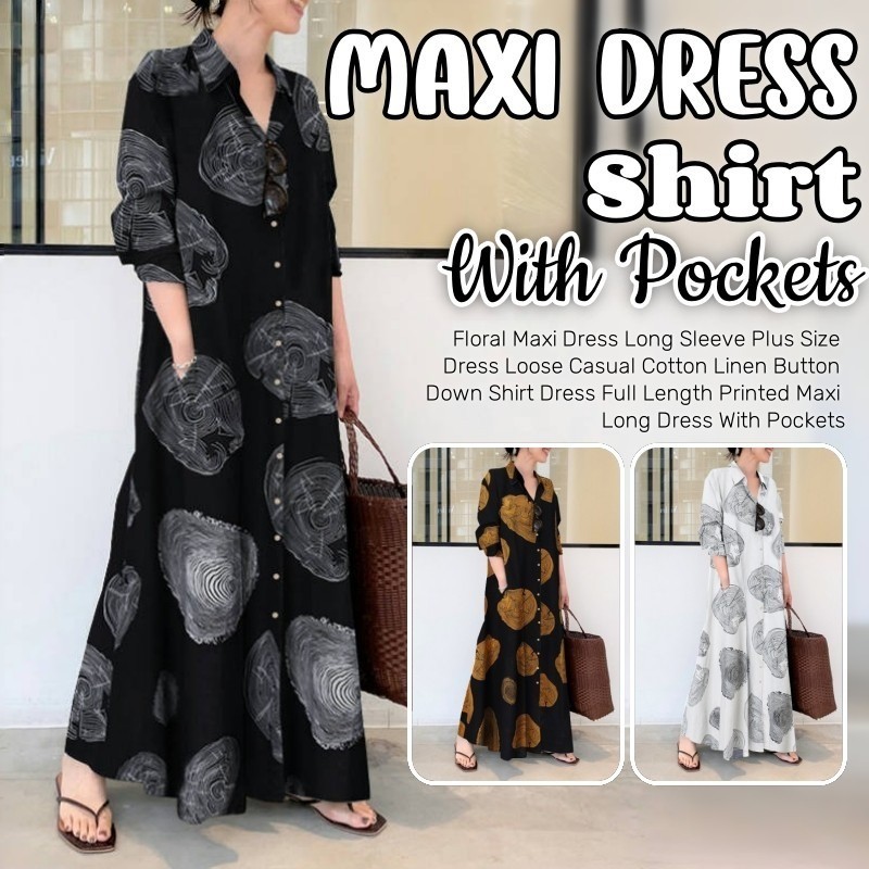 Đầm Maxi Hoa Nữ Tay Dài Plus Kích Thước Rời Vải Lanh Cotton Nút Xuống Áo Đầm Full Chiều Dài Văn Học 