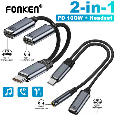 Fonken 2 trong 1 USB-C sang Type-C 3.5mm Bộ chuyển đổi tai nghe Type-C PD100W Cáp sạc cho máy tính xách tay Điện thoại di động