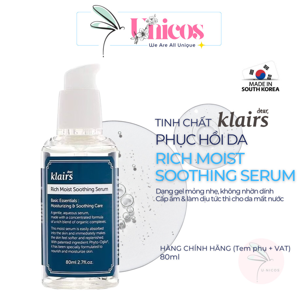 Serum Dưỡng Ẩm Klairs Rich Moist Soothing Cấp Ẩm -Tinh Chất Giúp Da Khô Mềm Mại - Serum Balance Klai