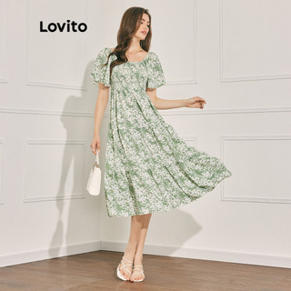 Đầm LOVITO tay loe viền nhún bèo xếp nếp họa tiết hoa thường ngày dành cho nữ L47LD072 (màu xanh lá cây nhạt)