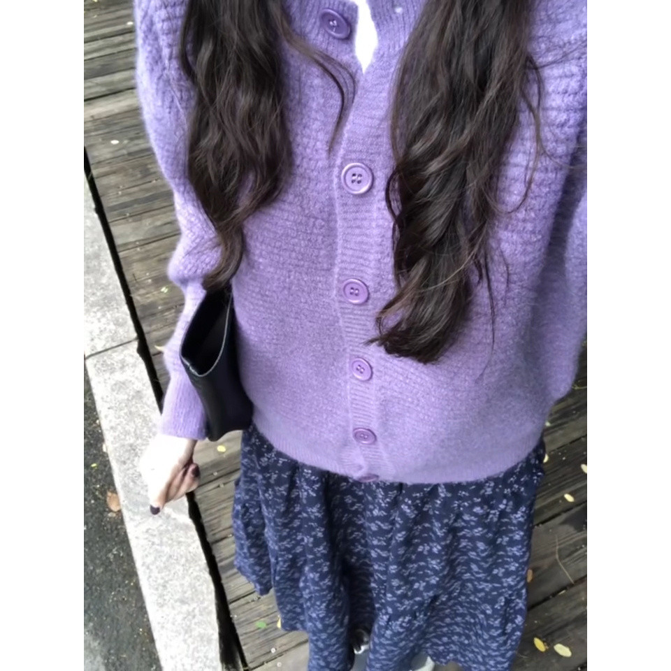 【Bess's house】áo khoác len cardigan+váy hoa nhí, bộ áo dệt kim tím nhẹ nhàng, váy hoa cao cấp, đầu thu 2024 | BigBuy360 - bigbuy360.vn