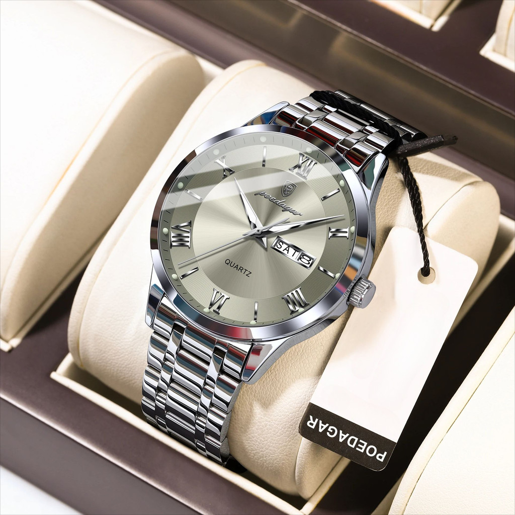 POEDAGAR Thời trang chống thấm nước phát sáng hẹn hò thể thao lịch kép hẹn hò Đồng hồ thạch anh nam 