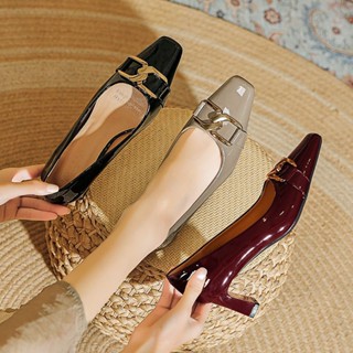 Giày cao gót mũi vuông mẫu mới màu Đỏ gót vuông kiểu Pháp thời trang và thoải mái