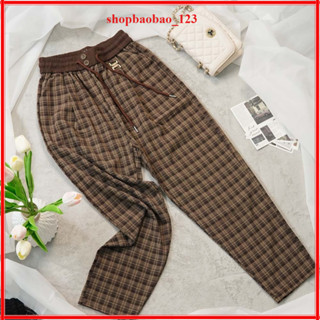 Quần Baggy Nữ Kẻ Sọc Caro Nâu, Ghi Cotton Lụa Mềm Mịn Cao Cấp Co Dãn Nhẹ - Form Dáng Chuẩn Đẹp, Kèm Dây Rút