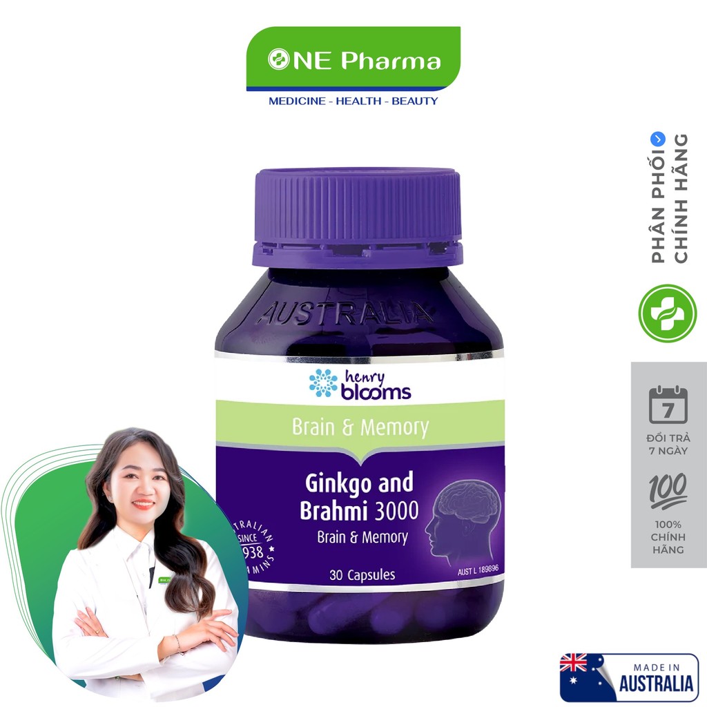 Viên Uống Henry Blooms Ginkgo And Brahmi 3000 Bổ Não Hỗ Trợ Hoạt Huyết, Tăng Cường Trí Não - 30 Viên