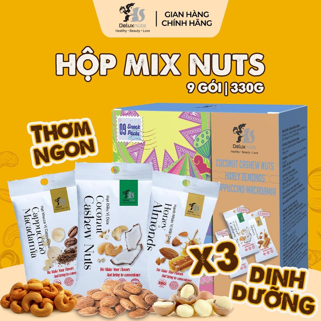 [Hỏa tốc] Hộp 9 Gói Deluxnuts | 03 Hạt Điều Vị Dừa, 03 Hạnh Nhân Mật Ong, 03 Macca Cappuccino (Tổng trọng lượng 330g)