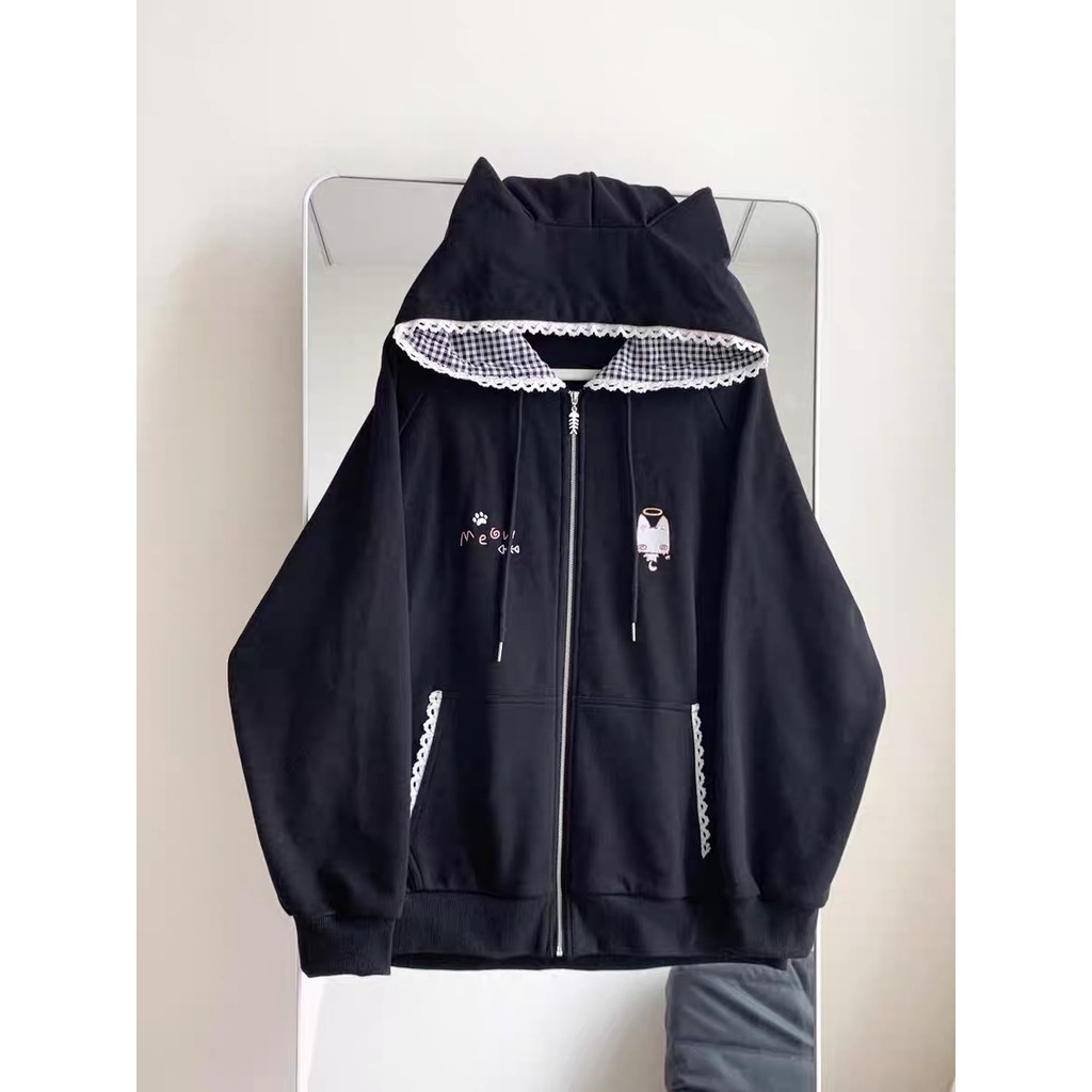 Áo khoác có mũ trùm đầu thêu nữ dễ thương Tai mèo kẻ sọc Áo Hoodie mỏng màu đen mèo con