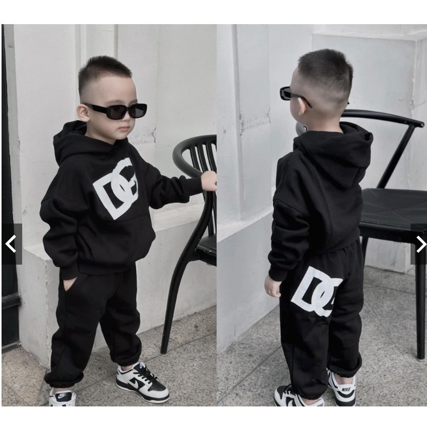 Bộ quần áo nỉ hoodie cho bé DG basic chéo, bộ quần áo nỉ mũ túi thu đông cho bé