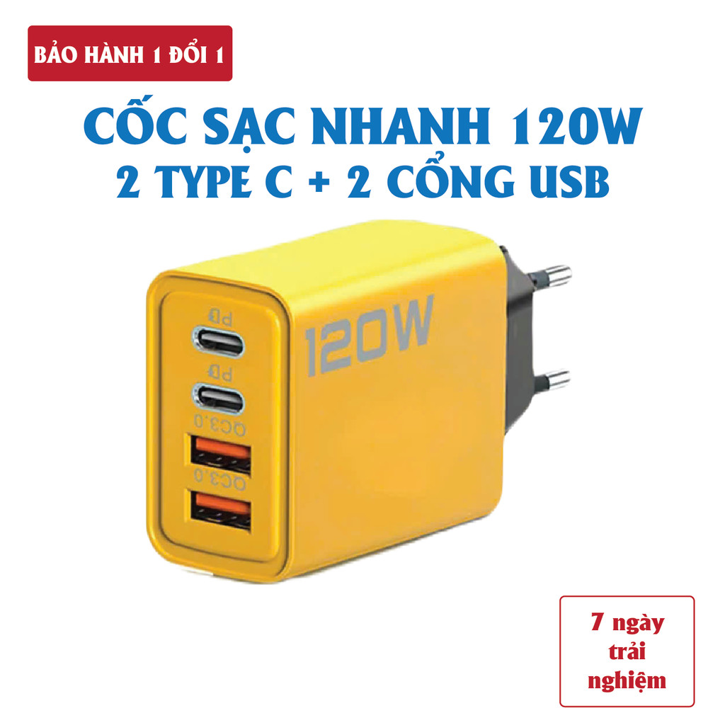 Củ sạc nhanh 4 cổng, 120W gồm: 2 cổng Type C + 2 cổng USB
