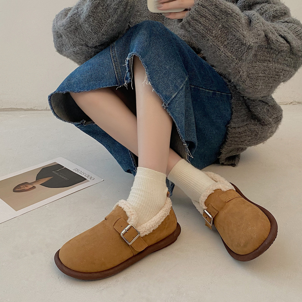 Mùa Đông 2024 Phong Cách Mới Lông Cừu-Fleece Giày Đậu Hà Lan Thời Trang Ấm Áp Giày Lười Đậu Hà Lan Giày Cotton Đế Mềm
