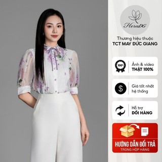 Áo sơ mi nữ cổ nơ HeraDG thiết kế tay bồng trẻ trung, chất liệu tơ cao cấp in hoạ tiết hoa cẩm tú cầu SASBD1004