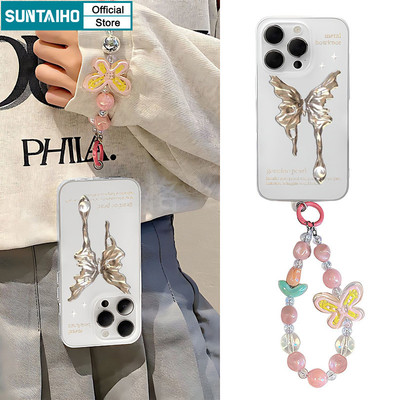 Suntaiho Vỏ Điện Thoại Thiết Kế Bướm Kim Loại Đẹp Có Dây Buộc TPU Trong Suốt Mờ Mềm Chống Sốc Cho iPhone 11 12 13 14 15 16 Pro max IP 7 8 Plus Iphon X Xs XR Xs max