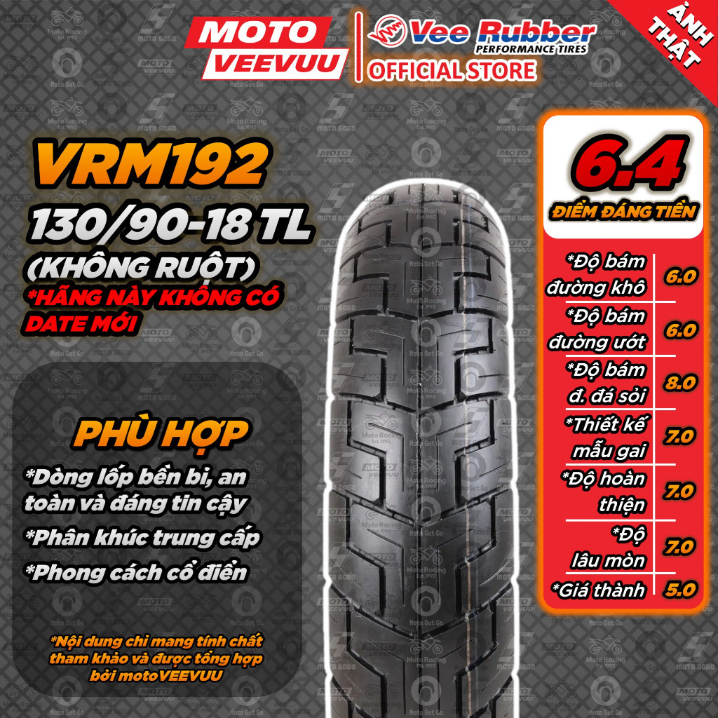 [MTVV] Lốp vỏ xe máy VEE RUBBER 130/90-18 TL VRM192 (Lốp không ruột VeeRubber)<END>