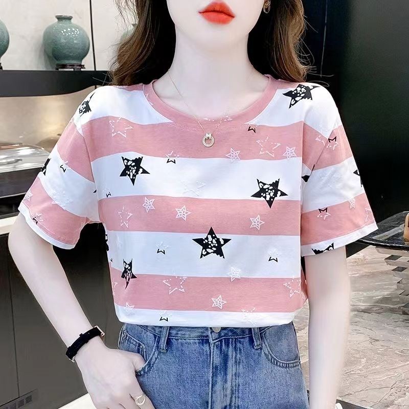 Áo thun ngắn tay sọc in họa tiết mùa hè Ruidian Áo thun nữ dáng rộng