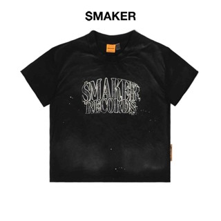 [SMAKER] Áo thun 100% cotton washed màu đen in chữ trắng - $MAKER RECORD$ WASHED TEE IN BLACK