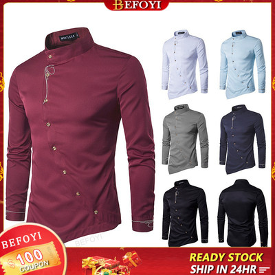 Bán HOT Nam Áo Sơ Mi Tay Dài Thêu Declining Nút Đứng Cổ Áo Sơ Mi Thời Trang Mới Không Đều Nút xiên Trơn Áo Sơ Mi Thường Ngày
