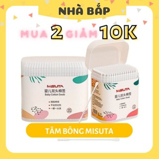 Tăm bông sơ sinh MISUTA, tăm bông ngoáy tai cho bé, đầu nhỏ, bông tự nhiên hộp 400 que-Nhà Bắp Store