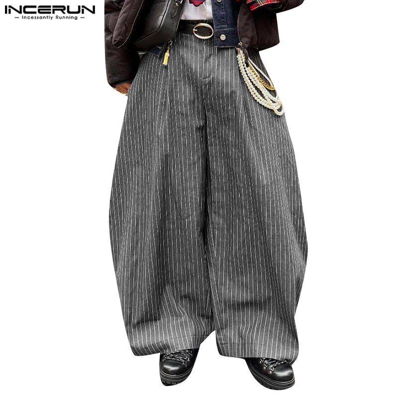 INCERUN Nam Vintage Phong Cách Đường Phố Cao Cấp Sọc Baggy Quần Ống Rộng