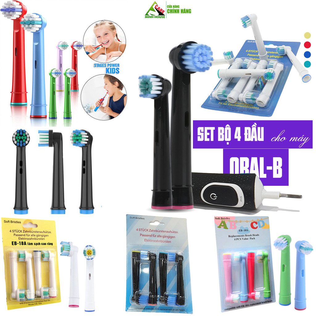 Cho máy Oral B Braun, bộ 4 đầu bàn chải đánh răng điện và Giá treo, Hộp, Cọ Tẩy Trang Minh House