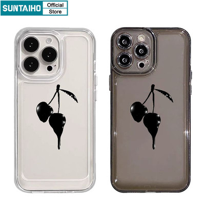 Suntaiho Thẩm Mỹ Độc Đáo Vỏ Điện Thoại Họa Tiết Anh Đào Màu Đen Cho Iphone 16 15 14 13 12 11 Pro Max IP 7 8 Plus Iphon X Xs XR Xs Max TPU Mềm Cao Cấp Chống Sốc Ốp Lưng