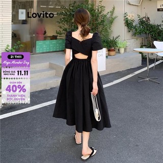 Đầm Lovito thiết kế chéo xếp ly màu trơn có nút phong cách thanh lịch cho nữ LNE41296
