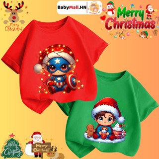 Áo thun Siêu Nhân Marvel Noel bé trai BABYMALL, áo phông cotton cộc tay mừng giáng sinh cho bé